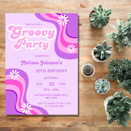 70er Retro Groovy Party Daisies Lila Geburtstag Einladung