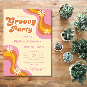 70er Retro Groovy Party Daisies Peach Birthday Einladung