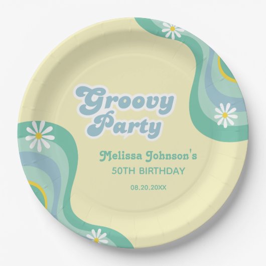 70er Retro Groovy Party Daisies Yellow Birthday Pappteller (Vorderseite)
