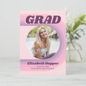 70er Retro Groovy Pink Arch Funky Foto Abschluss Einladung (Stehend Vorderseite)