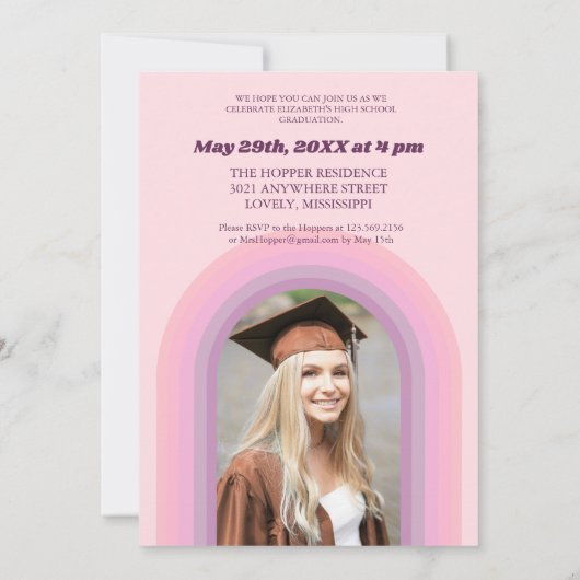 70er Retro Groovy Pink Arch Funky Foto Abschluss Einladung (Rückseite)