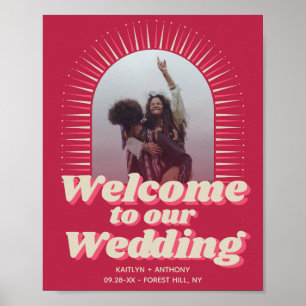70er Retro Groovy Viva Magenta Hochzeitsbegrüßung Poster