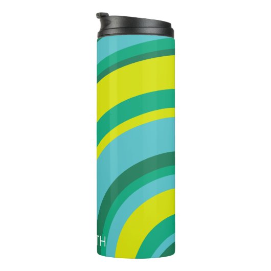 70er Retro Groovy Wave Rainbow Aquamarin Gelb Thermosbecher (Nach rechts gedreht)