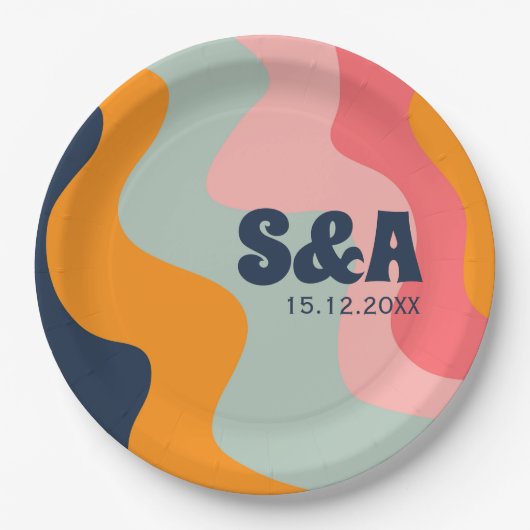 70er Retro Groovy Wavy Pastel Pink Blue Wedding Pappteller (Vorderseite)