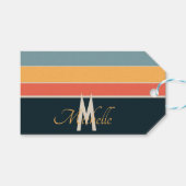 70er Retro Mit Monogramm rosa und Navy Blue Streif Geschenkanhänger (Vorderseite (Horizontal))