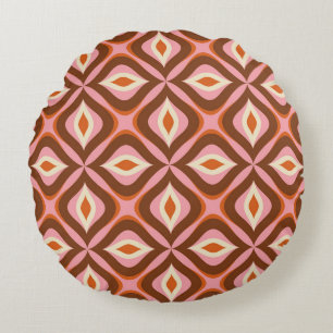 70er Retro-Nahtloses Muster in Orange, Braun, Rosa Rundes Kissen