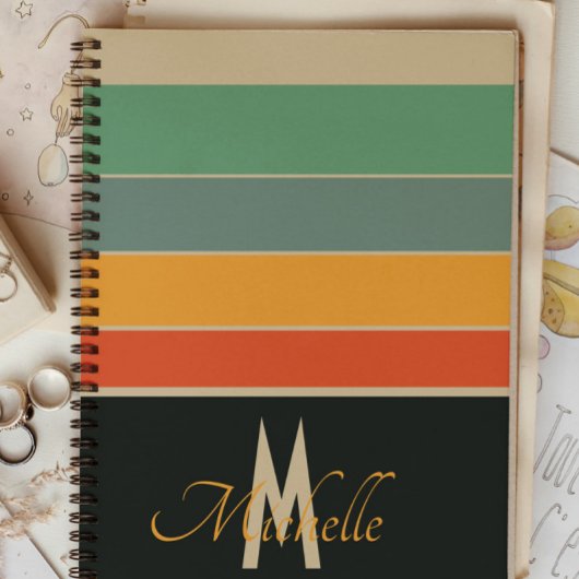 70er Retro Navy und rosa Streifen mit Monogramm Notizblock