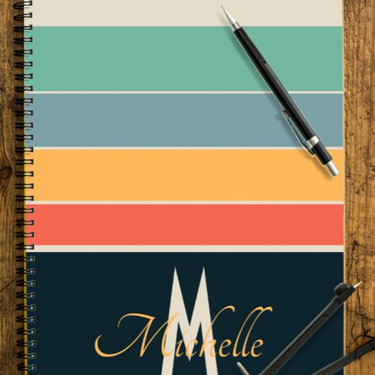 70er Retro Navy und rosa Streifen mit Monogramm Notizblock