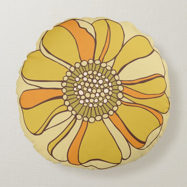 70er Retro Orange & Gold Blume Rundes Kissen (Vorderseite)