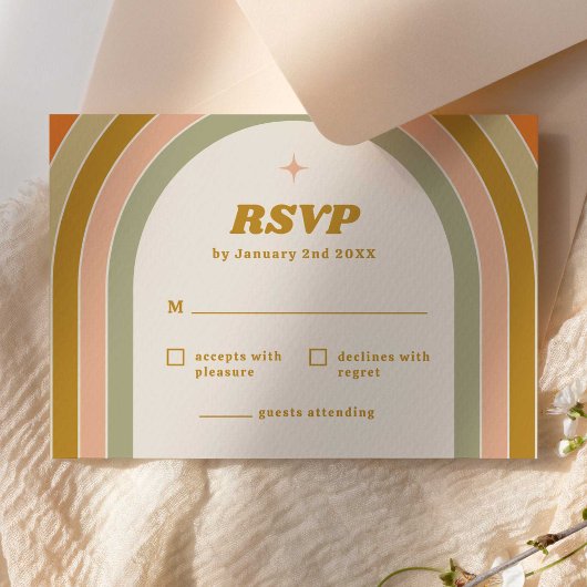 70er Retro Rainbow Groovy Wedding RSVP Karte