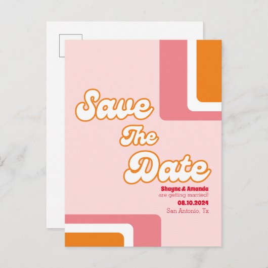 70er Retro Rosa Orangenhain Save the Date rot Ankündigungspostkarte (Vorne/Hinten)