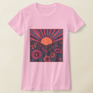70er Retro Sonnenaufgang Blumenfeld Design T-Shirt