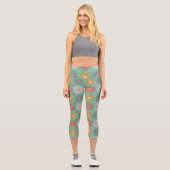 70er Retro Vintage Blume auf Aquamarinen Capri Leggings (Vorderseite)