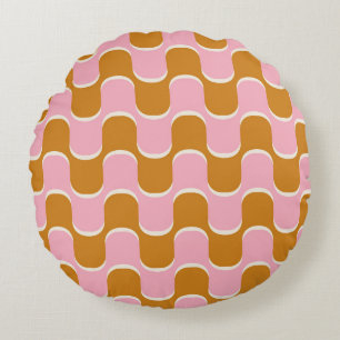 70er Retro-Wellenmuster in Gold und Rosa Rundes Kissen
