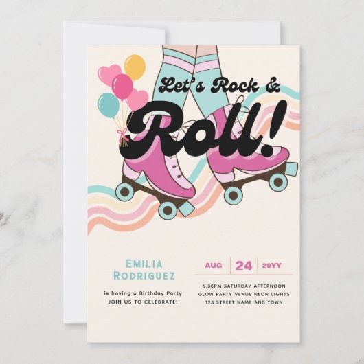70er Rock und ROLL Roller Skaten Party Retro Girls Einladung (Vorderseite)