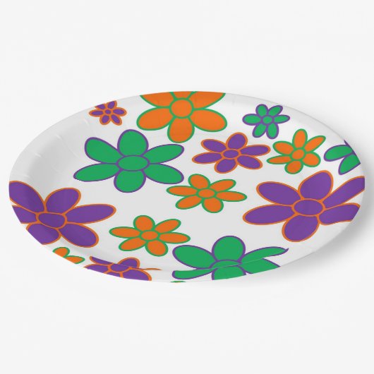 70er Style-Blume für Party-Teller Pappteller (Schrägansicht)