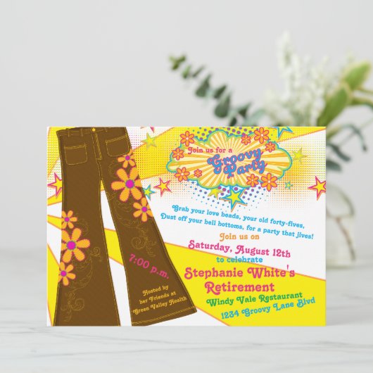 70er Theme Groovy Bell Bottoms Retirement Party Einladung (Stehend Vorderseite)
