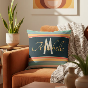 70er Vintage rosa und blaue Streifen mit Monogramm Kissen