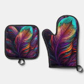 70s 60s Psychedelic Feathers Ofenhandschuh & Topflappen-Set (Vorderseite)