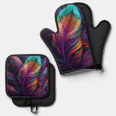 70s 60s Psychedelic Feathers  Ofenhandschuh & Topflappen-Set (Vorderseite/Rückseite)