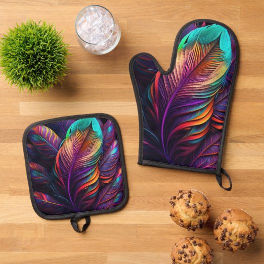 70s 60s Psychedelic Feathers Ofenhandschuh & Topflappen-Set (Oben Unten)