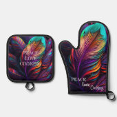 70s 60s Psychedelic Feathers Ofenhandschuh & Topflappen-Set (Vorderseite)