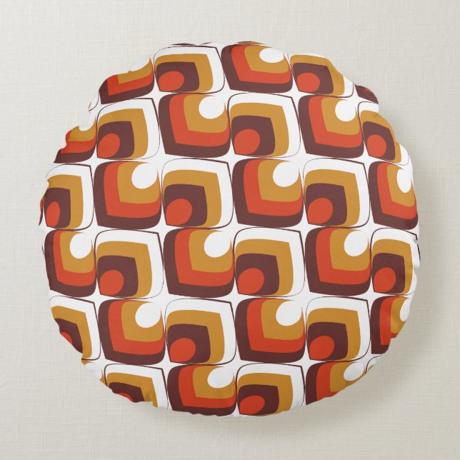 70s Bold Retro Modern Motif in Orange & Brown Rundes Kissen (Vorderseite)