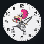 70s Glam Rock Star Pink Mohawk Punk Musician Große Wanduhr<br><div class="desc">Keep time in legendary style with this vibrant rock star wall clock featuring a high-energy pink haired musician. The clock face showcases a cartoon punk performer shredding on an electric guitar, making it a perfect functional art piece for music studios, bedrooms, or home offices. With his iconic star makeup and...</div>