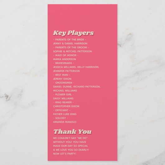 70's Retro Groovy Viva Magenta Wedding Programm (Rückseite)