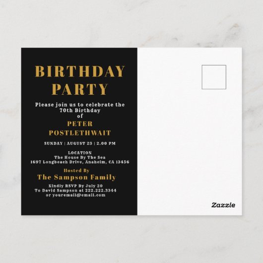 70th Birthday 1956 Black Gold Invitation Postkarte (Rückseite)