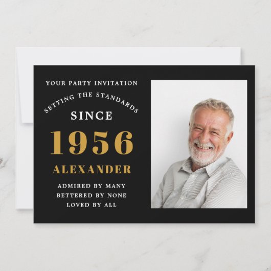70th Birthday 1956 Black Gold Personalized Photo Einladung (Vorderseite)