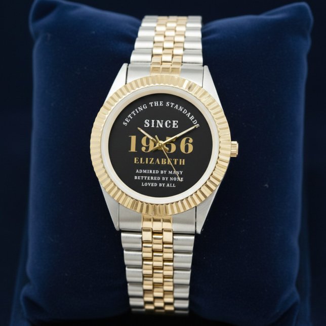 70th Birthday 1956 Elegant Black White Chic Armbanduhr (Born 1956 birthday watch on a blue background.)