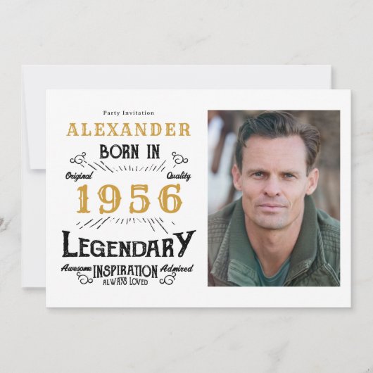 70th Birthday 1956 Legend White & Gold Photo Einladung (Vorderseite)