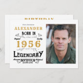 70th Birthday 1956 Legend White & Gold Photo Einladung (Vorne/Hinten)