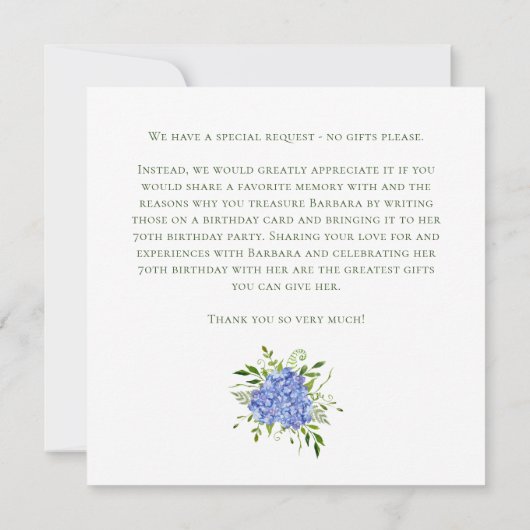 70th Birthday Blue Hydrangeas Card Request Einladung (Rückseite)