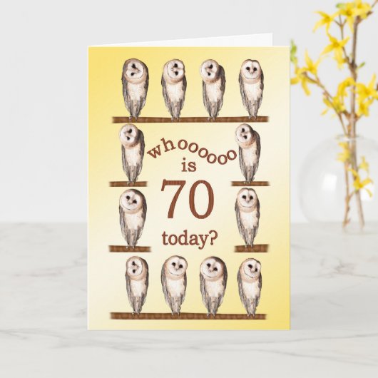 70th birthday, Curious owls card. Karte (Gelbe Blume)