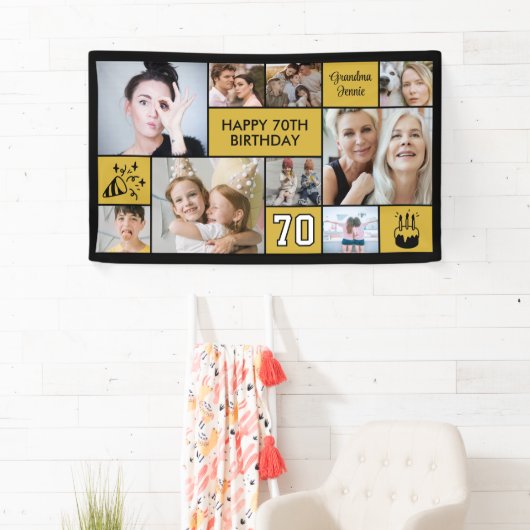 70th Birthday Custom Photo Collage Black Gold Banner (Insitu)