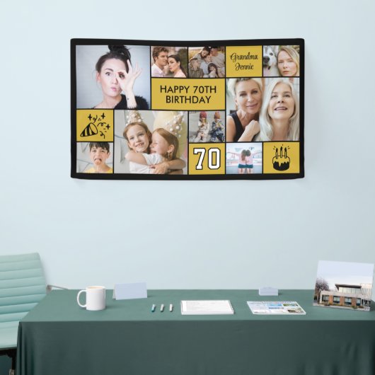 70th Birthday Custom Photo Collage Black Gold Banner (Messeveranstaltung)