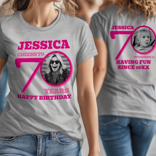 70th Birthday doubled sided photo name pink text T-Shirt