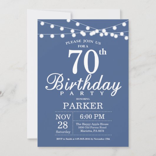 70th Birthday Invitation Blue Einladung (Vorderseite)
