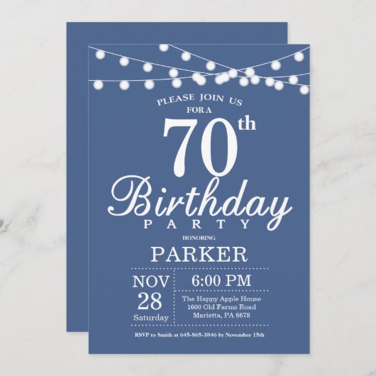 70th Birthday Invitation Blue Einladung (Vorne/Hinten)