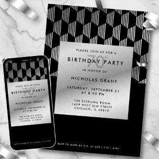 70th Birthday Modern Black Faux Silver Foil Einladung