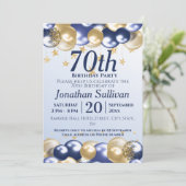 70th Birthday Navy Gold Balloons Party Einladung (Stehend Vorderseite)