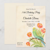 70th Birthday Party Parakeet with Tulips  Einladung (Vorne/Hinten)