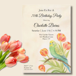 70th Birthday Party Parakeet with Tulips  Einladung