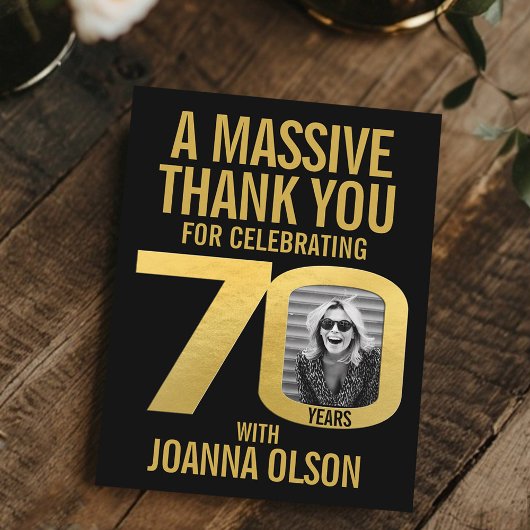 70th birthday photo black and gold  dankeskarte