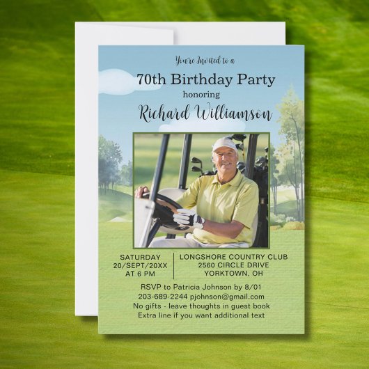 70th Birthday Photo Watercolor Golf Theme Einladung