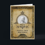 70th Birthday Retro Vintage Monogram Photo Adult Karte<br><div class="desc">Vintage retro distressed style milestone 70th Birthday greeting card. Womans' elegant birthday card. This charming young lady is turning 70. Insert your own photo. Template provided so easily personalized. Note the photo will be the same colors as you use. The design is also available with other age milestones and a...</div>