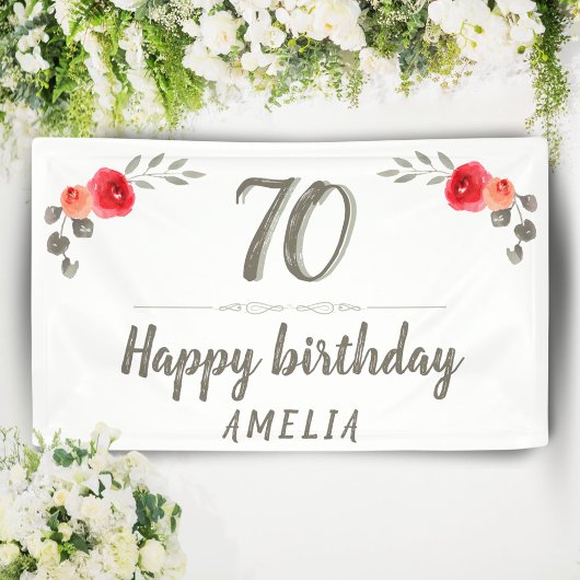 70th Birthday Script Watercolor Rose Floral Party Banner