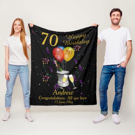 70th Birthday Sparkling Wine Celebration Black Fleecedecke (Beispiel)
